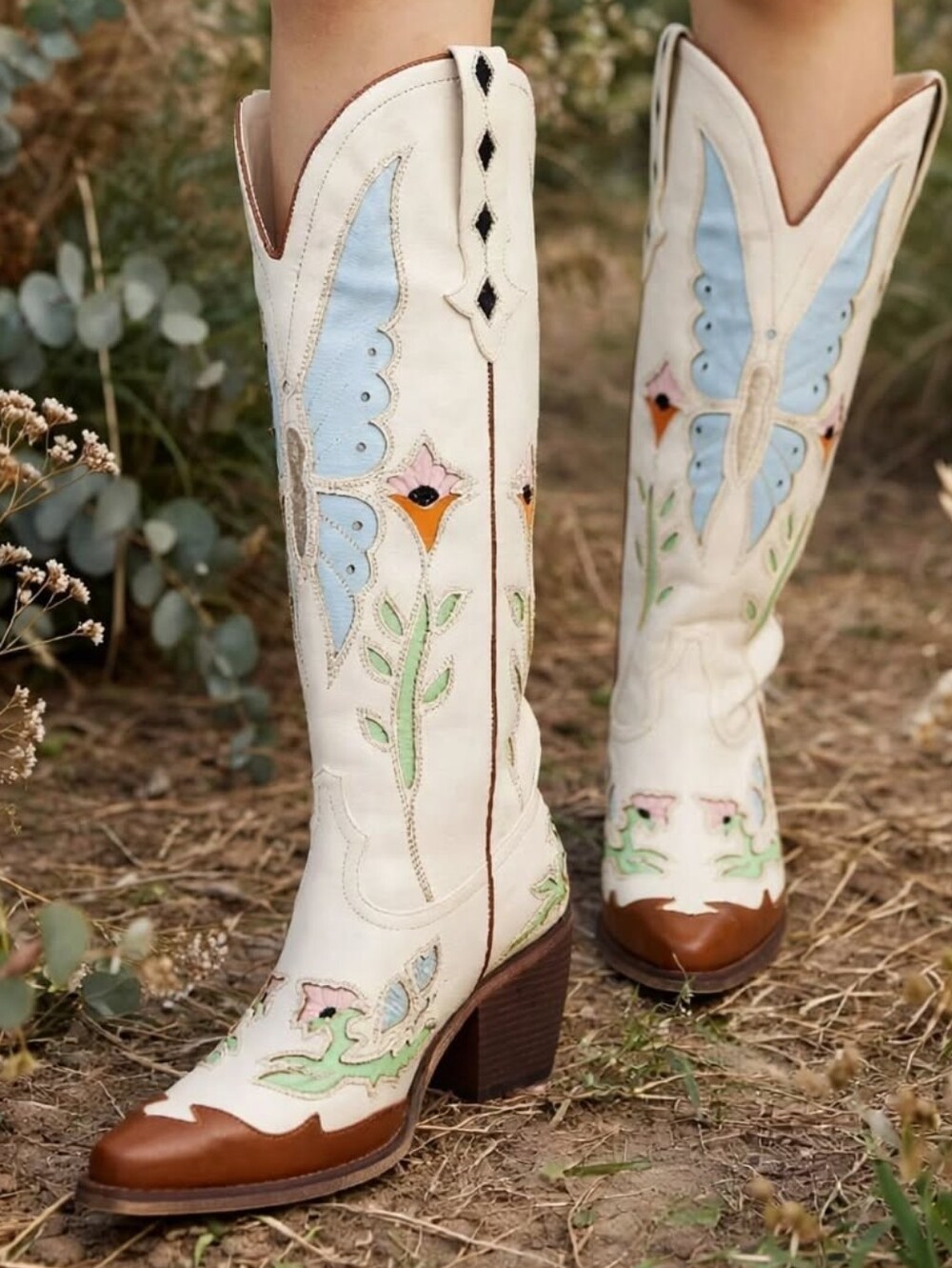 White Floral Embroidered Western Boots - White/Blue/Green